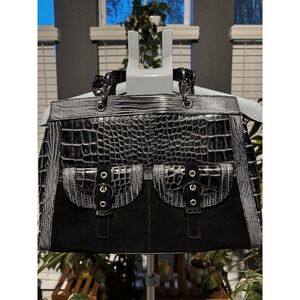 Charlie Lapson Black Leather Croc Print Hangbag